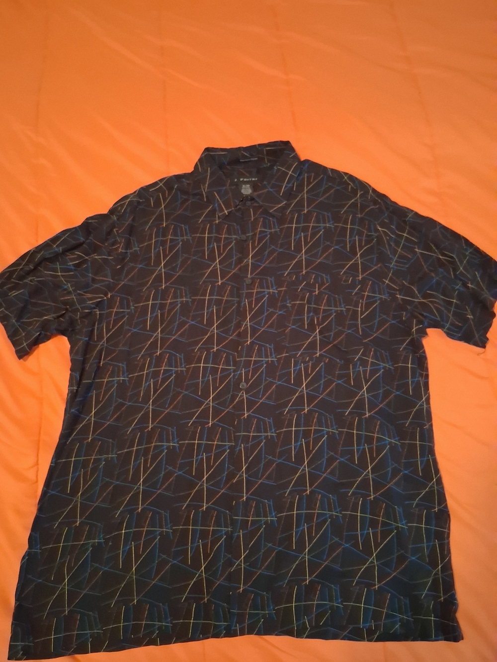 Vintage J. Ferrar Men’s XL  Geometric/Rayon Short Sleeve Blk Collared Polo Shirt